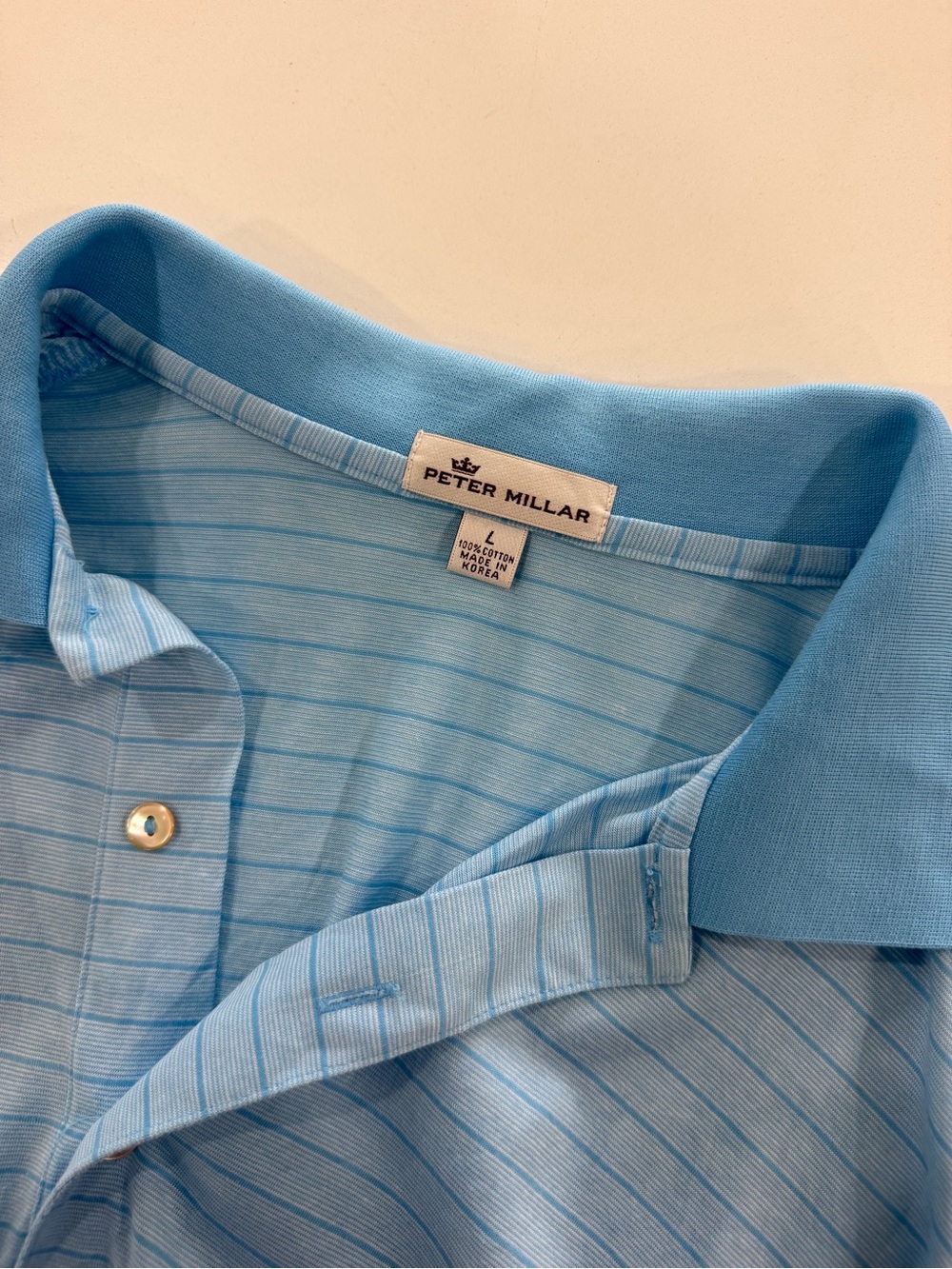 Peter Millar Men's Size Large Light Blue Striped Golf Polo Shirt Short Sleeve - Picture 3 of 3